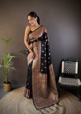 black silk blend  meena weaving  pashmina work kashmiri saree 1