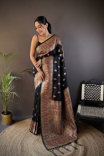 black silk blend  meena weaving  pashmina work kashmiri saree