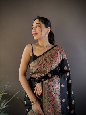 black silk blend  meena weaving  pashmina work kashmiri saree 2