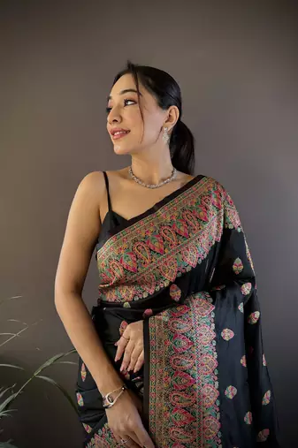 black silk blend  meena weaving  pashmina work kashmiri saree