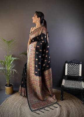 black silk blend  meena weaving  pashmina work kashmiri saree 3