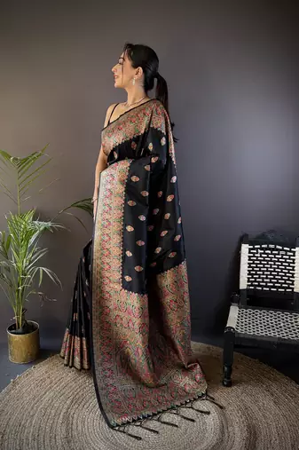 black silk blend  meena weaving  pashmina work kashmiri saree