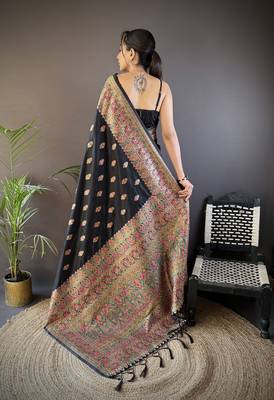 black silk blend  meena weaving  pashmina work kashmiri saree 4