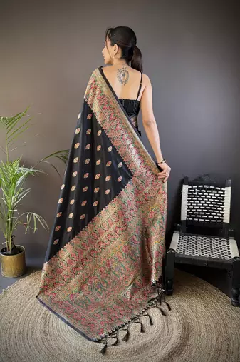 black silk blend  meena weaving  pashmina work kashmiri saree