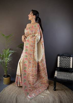 white silk blend meena weaving  pashmina work kashmiri saree 1