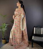 white silk blend meena weaving  pashmina work kashmiri saree