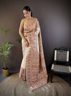 white silk blend meena weaving  pashmina work kashmiri saree 2