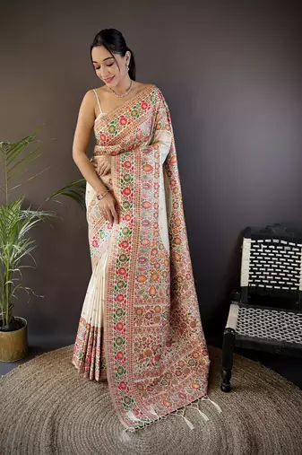 white silk blend meena weaving  pashmina work kashmiri saree