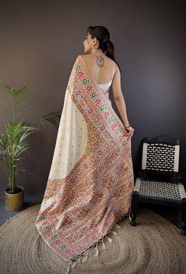 white silk blend meena weaving  pashmina work kashmiri saree 3