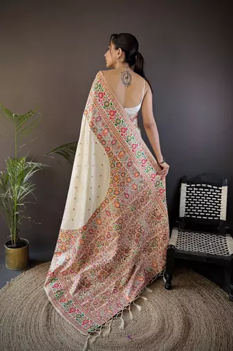 white silk blend meena weaving  pashmina work kashmiri saree