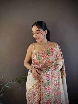 white silk blend meena weaving  pashmina work kashmiri saree 4