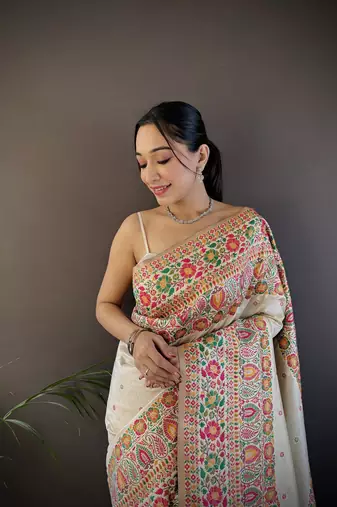 white silk blend meena weaving  pashmina work kashmiri saree
