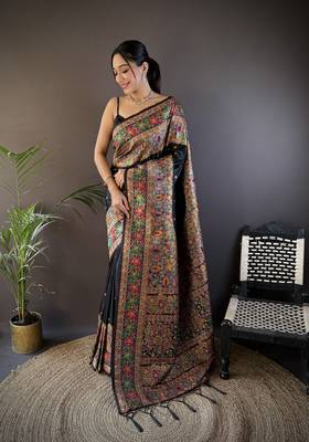 black silk blend meena weaving  pashmina work kashmiri saree 1
