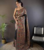 black silk blend meena weaving  pashmina work kashmiri saree