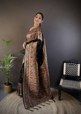 black silk blend meena weaving  pashmina work kashmiri saree 2
