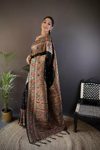 black silk blend meena weaving  pashmina work kashmiri saree