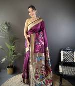 purple silk blend floral zari weaving work paithani saree