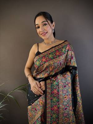 black silk blend meena weaving  pashmina work kashmiri saree 3