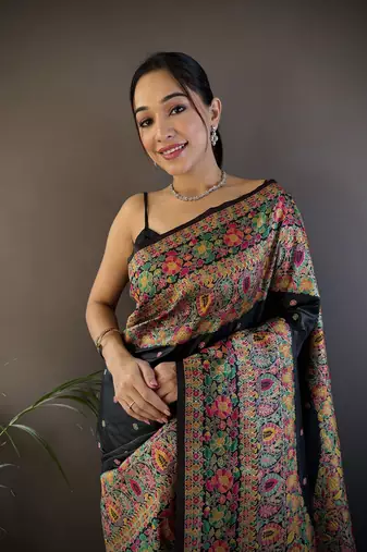 black silk blend meena weaving  pashmina work kashmiri saree