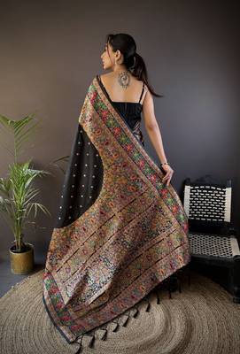 black silk blend meena weaving  pashmina work kashmiri saree 4