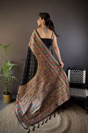 black silk blend meena weaving  pashmina work kashmiri saree