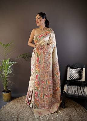 white silk blend meena weaving  pashmina work kashmiri saree 1