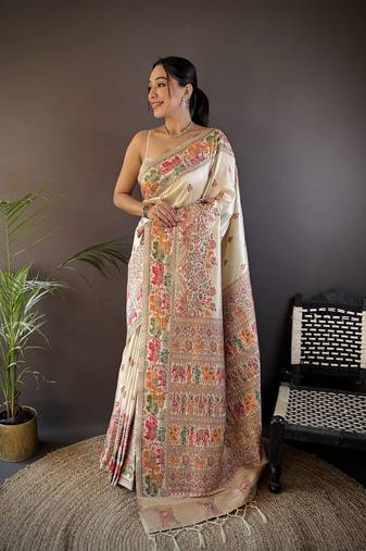 white silk blend meena weaving  pashmina work kashmiri saree