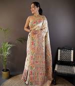 white silk blend meena weaving  pashmina work kashmiri saree