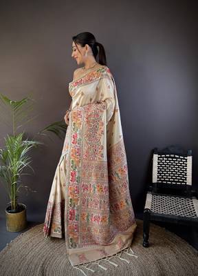 white silk blend meena weaving  pashmina work kashmiri saree 2