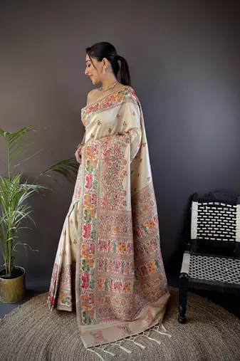 white silk blend meena weaving  pashmina work kashmiri saree