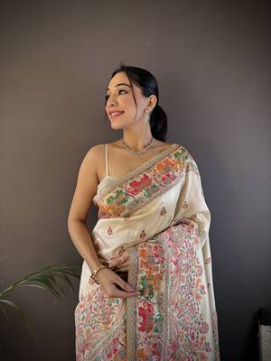 white silk blend meena weaving  pashmina work kashmiri saree 3