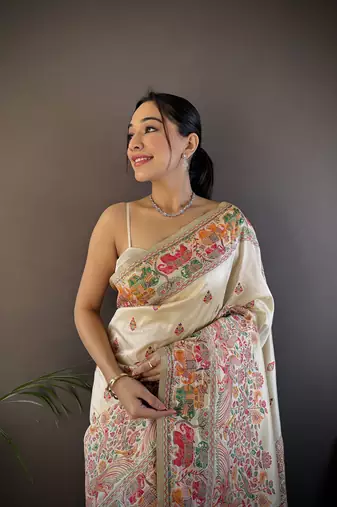 white silk blend meena weaving  pashmina work kashmiri saree