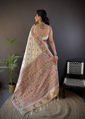 white silk blend meena weaving  pashmina work kashmiri saree 4