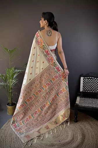 white silk blend meena weaving  pashmina work kashmiri saree