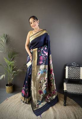 navy blue silk  blend floral zari weaving work paithani saree 1