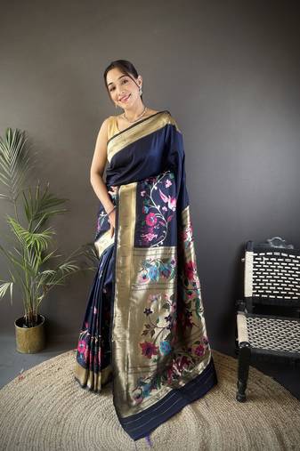 navy blue silk  blend floral zari weaving work paithani saree