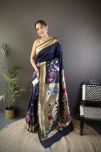navy blue silk  blend floral zari weaving work paithani saree