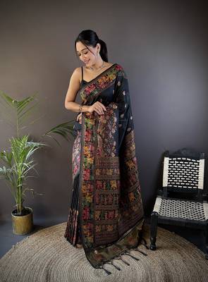 black silk blend meena weaving  pashmina work kashmiri saree 1