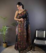 black silk blend meena weaving  pashmina work kashmiri saree