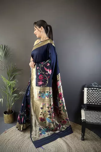 navy blue silk  blend floral zari weaving work paithani saree