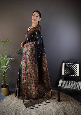 black silk blend meena weaving  pashmina work kashmiri saree 2