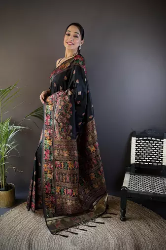 black silk blend meena weaving  pashmina work kashmiri saree
