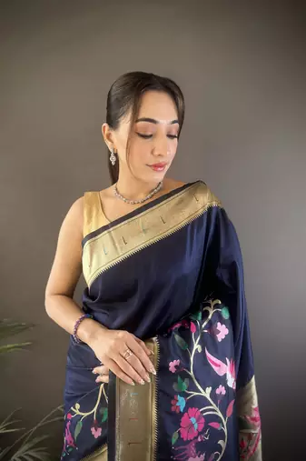 navy blue silk  blend floral zari weaving work paithani saree
