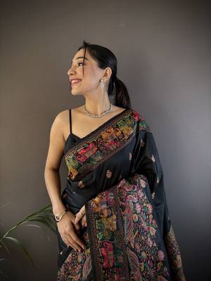 black silk blend meena weaving  pashmina work kashmiri saree 3