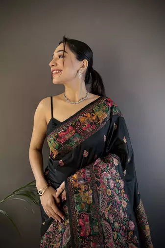 black silk blend meena weaving  pashmina work kashmiri saree