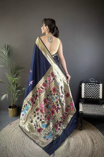 navy blue silk  blend floral zari weaving work paithani saree