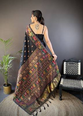 black silk blend meena weaving  pashmina work kashmiri saree 4
