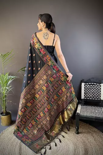 black silk blend meena weaving  pashmina work kashmiri saree