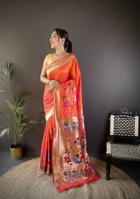 orange silk blend floral zari weaving work paithani saree 1