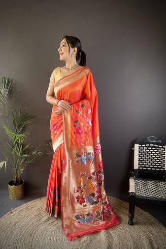 orange silk blend floral zari weaving work paithani saree